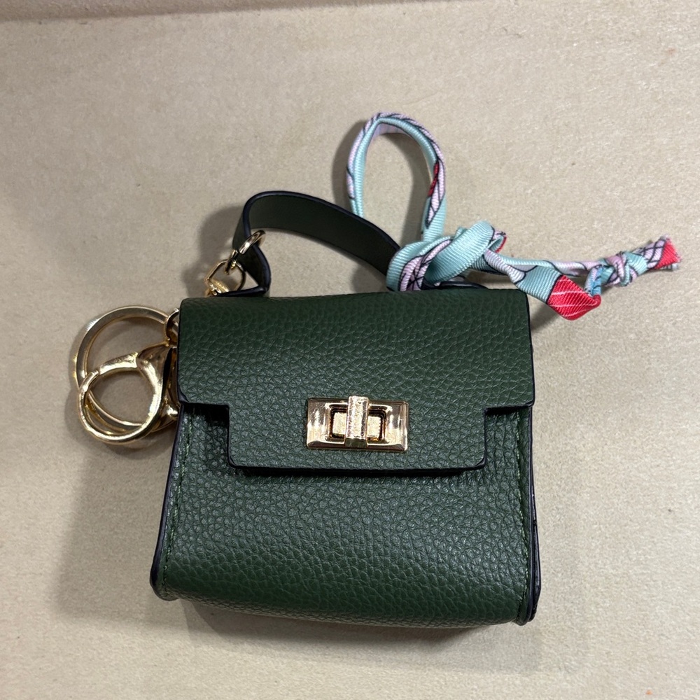 Green Leather Mini Keychain with Gold Accents